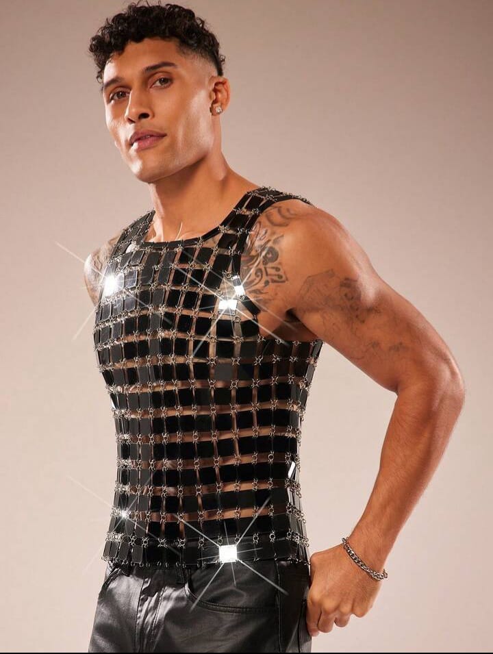 Men's Sequin Decor Sheer Crew Neck Tank Top, Suitable For Parties And Gatherings
